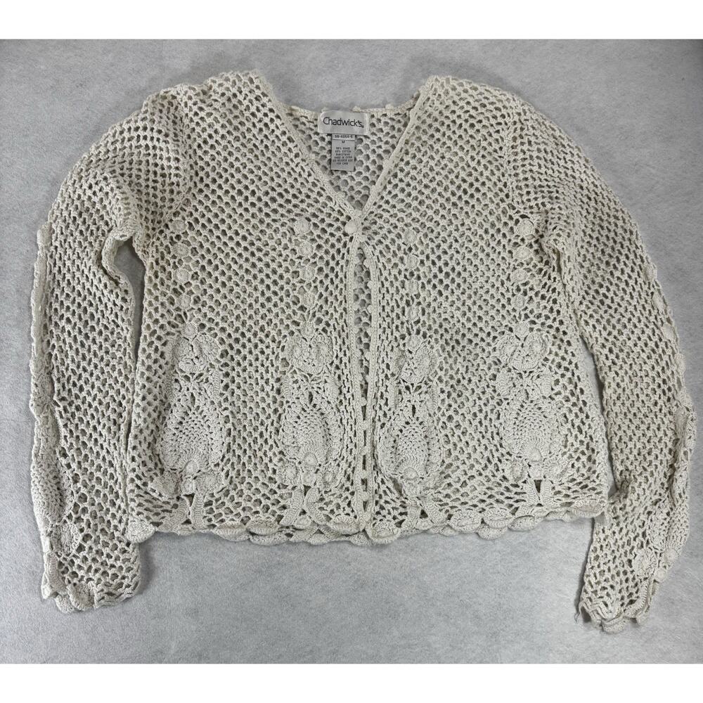 Y2K Vintage Chadwicks Crochet Cardigan Boho Cottagecore Romantic Open Knit M